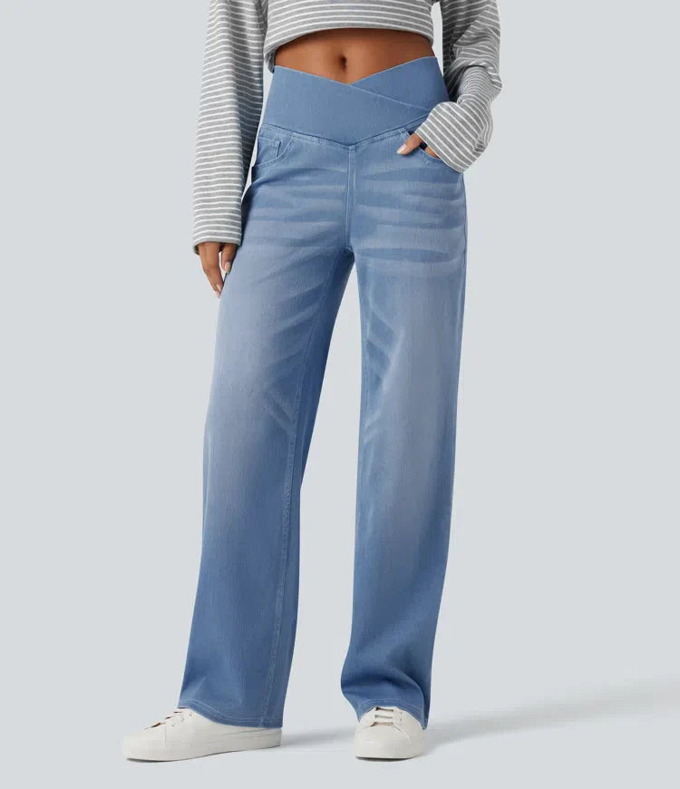 Women’s Crossover High Waisted Tummy Control Jeans with Straight Legs and Pockets