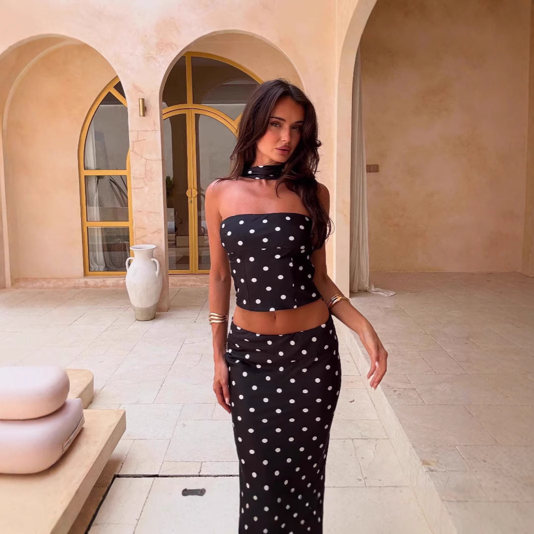Women’s Polka Dot Strapless Crop Top Two Piece Set with Maxi Skirt