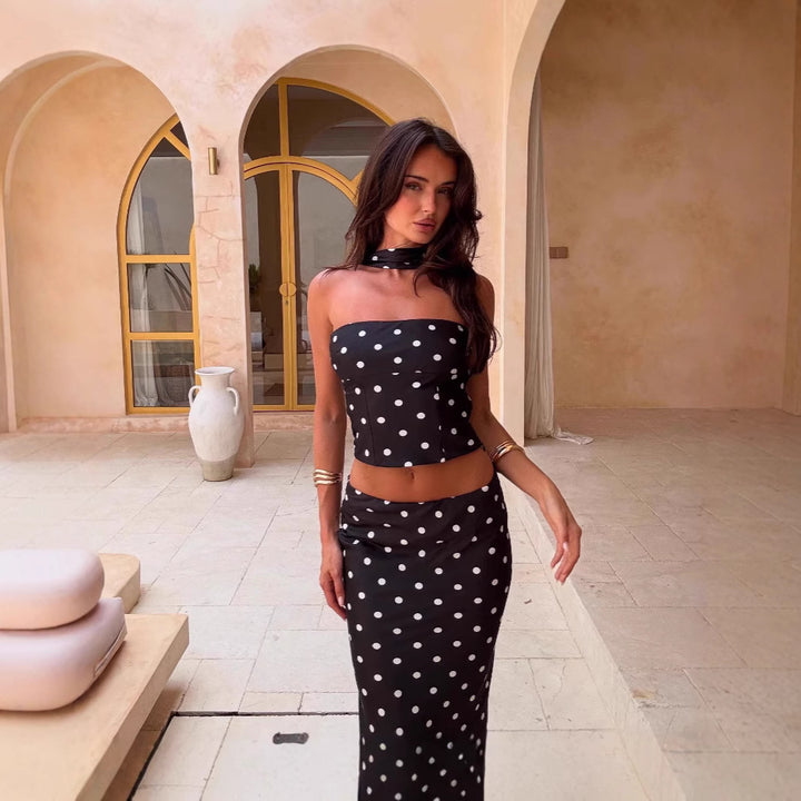 Women’s Polka Dot Strapless Crop Top Two Piece Set with Maxi Skirt