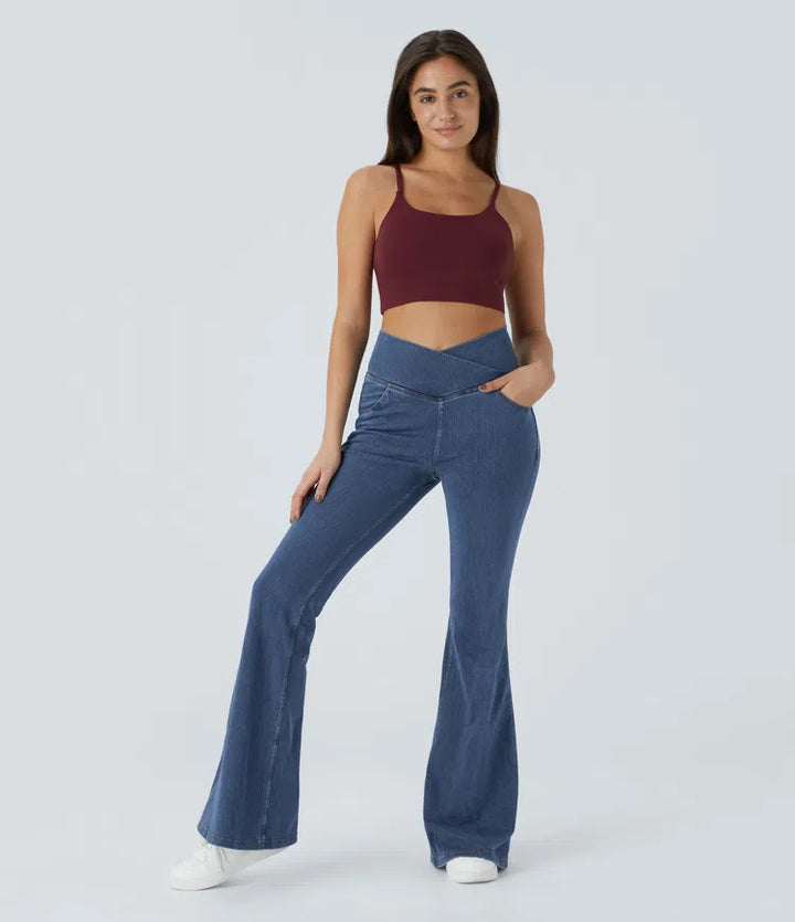 Women’s Flare Pants with High-Rise Crossover Waist and Pockets