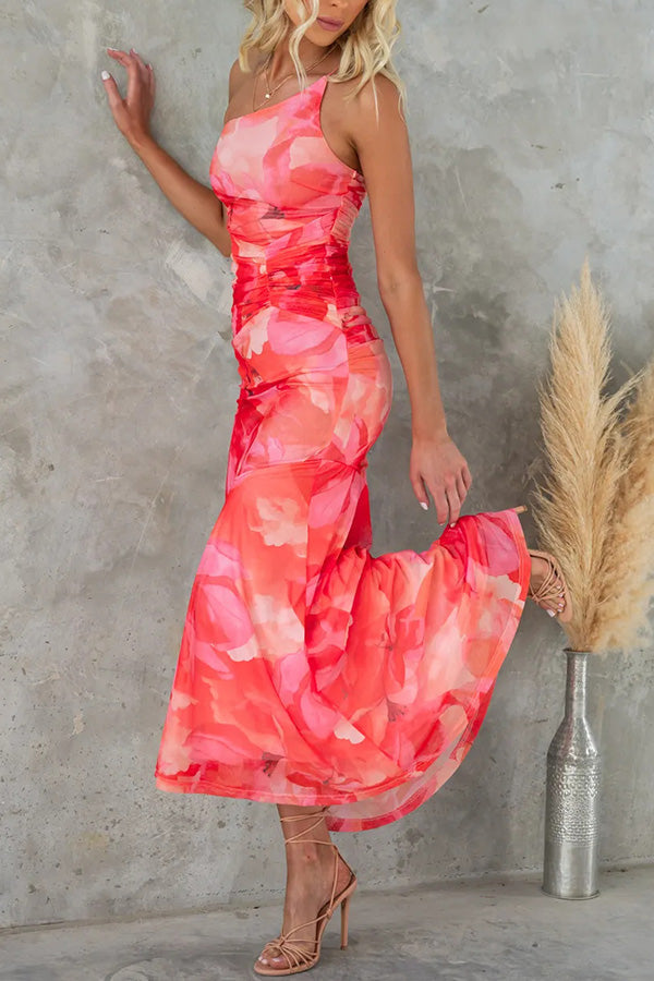 Women’s One-Shoulder Floral Maxi Dress with Ruching