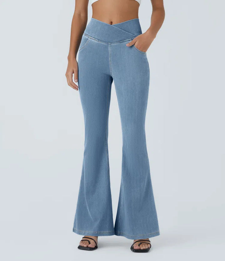 Women’s Flare Pants with High-Rise Crossover Waist and Pockets