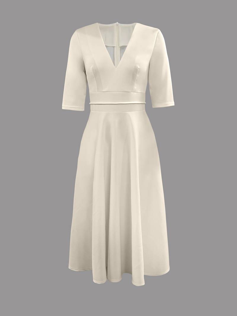 Women’s V-neck Midi Dress with A-line Skirt and Three Quarter Sleeves