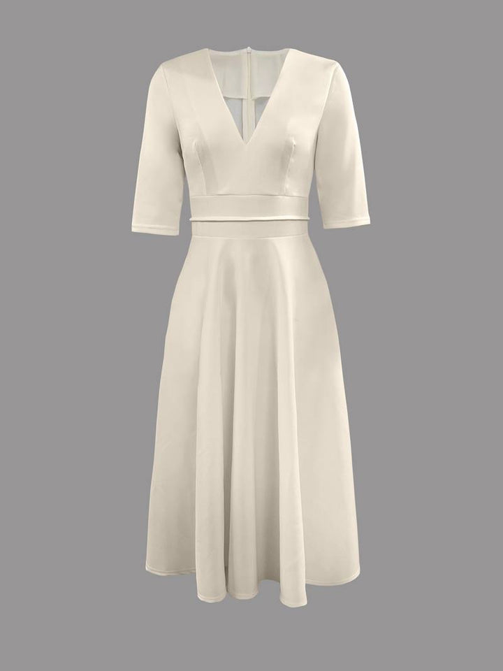 Women’s V-neck Midi Dress with A-line Skirt and Three Quarter Sleeves