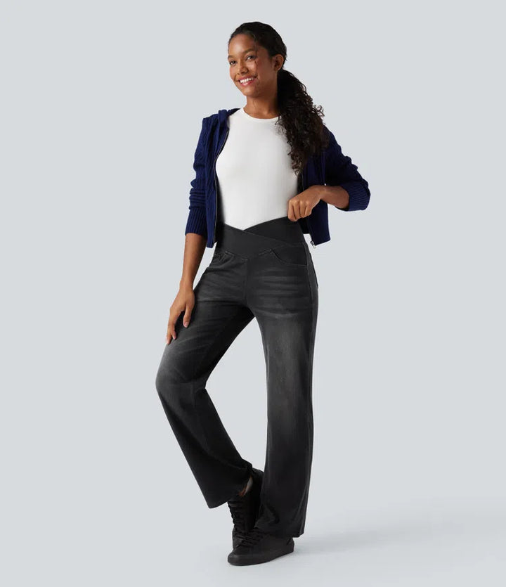 Women’s Crossover High Waisted Tummy Control Jeans with Straight Legs and Pockets
