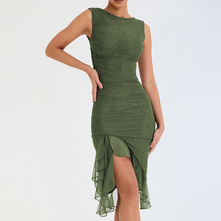 Women’s Ruched Sleeveless Midi Dress with Asymmetric Ruffle Hem