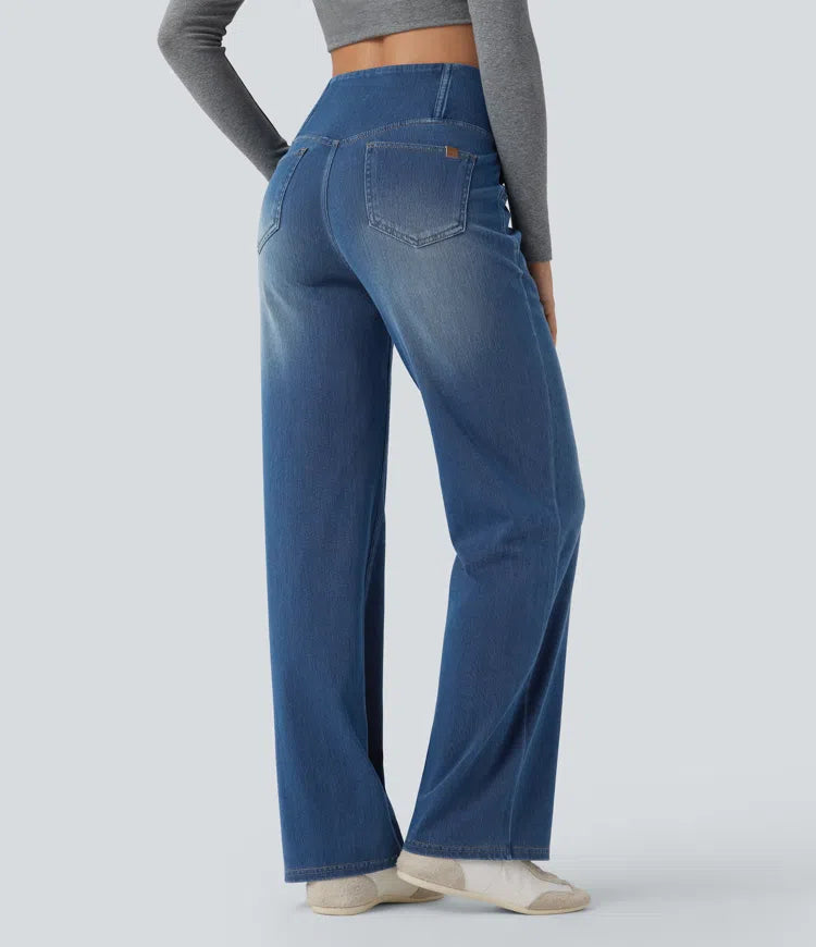 Women’s Crossover High Waisted Tummy Control Jeans with Straight Legs and Pockets