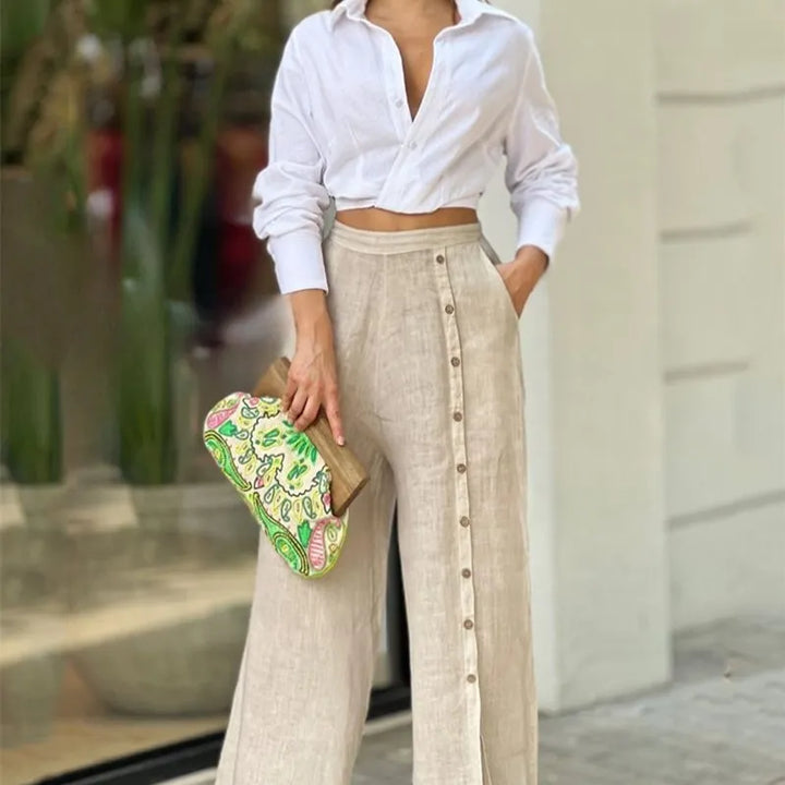 Women’s Wide Leg Cotton High-Waist Trousers with Side Buttons