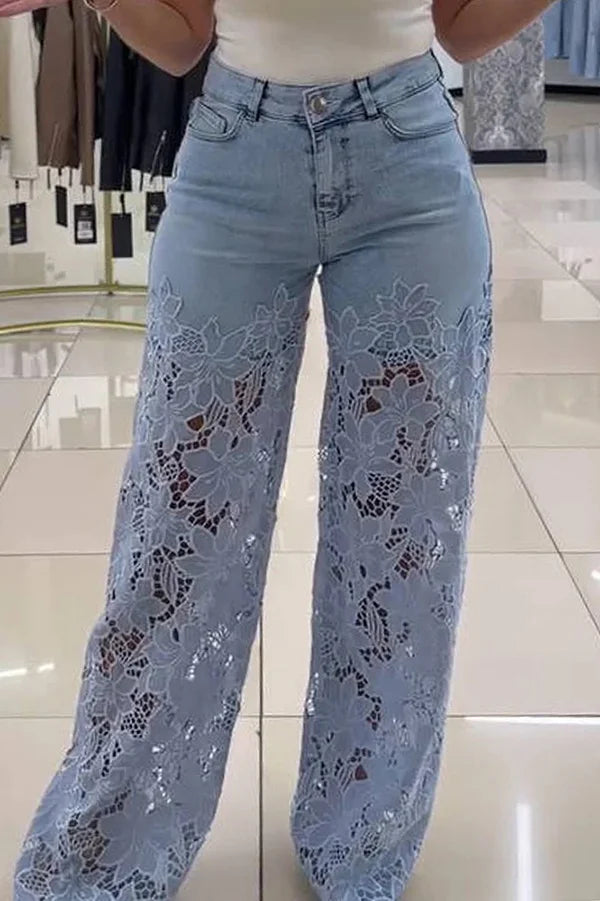 Women’s Floral Lace High Waist Pants with Wide-Leg