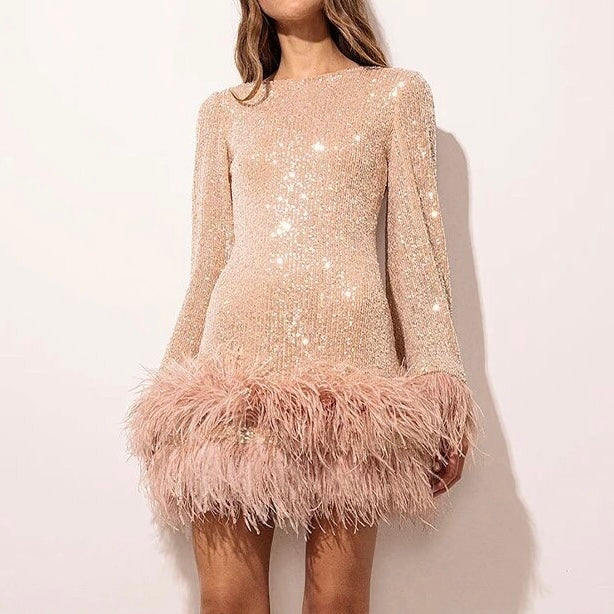Women’s Long-Sleeve Sequin Cocktail Mini Dress with Feather Hem and Open Back