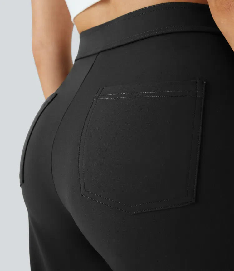 Women’s Flare Pants with High-Rise Crossover Waist and Pockets