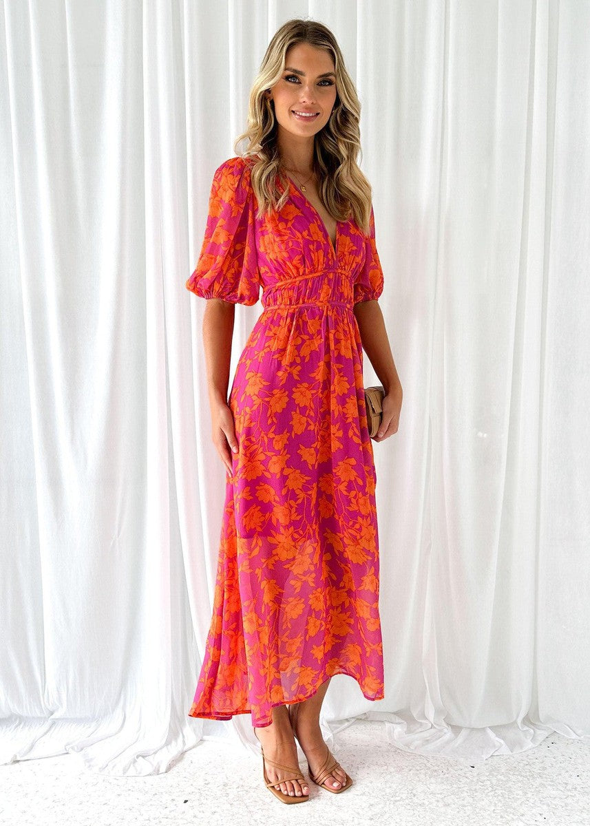 Women’s Floral Puff Sleeve Midi Cocktail Dress