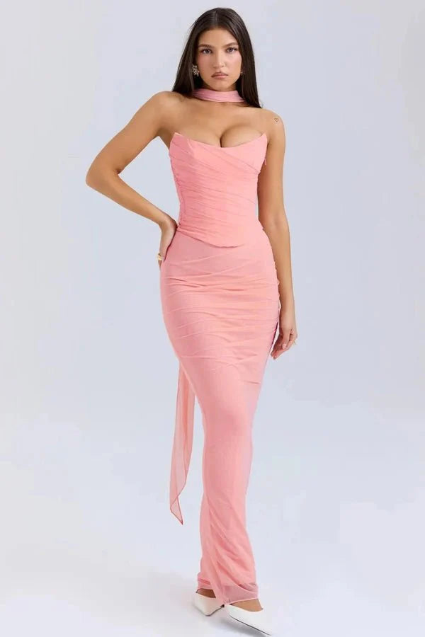 Women’s Strapless Ruched Cocktail Maxi Dress