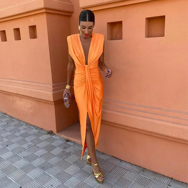Women’s V-neck Knot-Front Cocktail Maxi Dress with Split