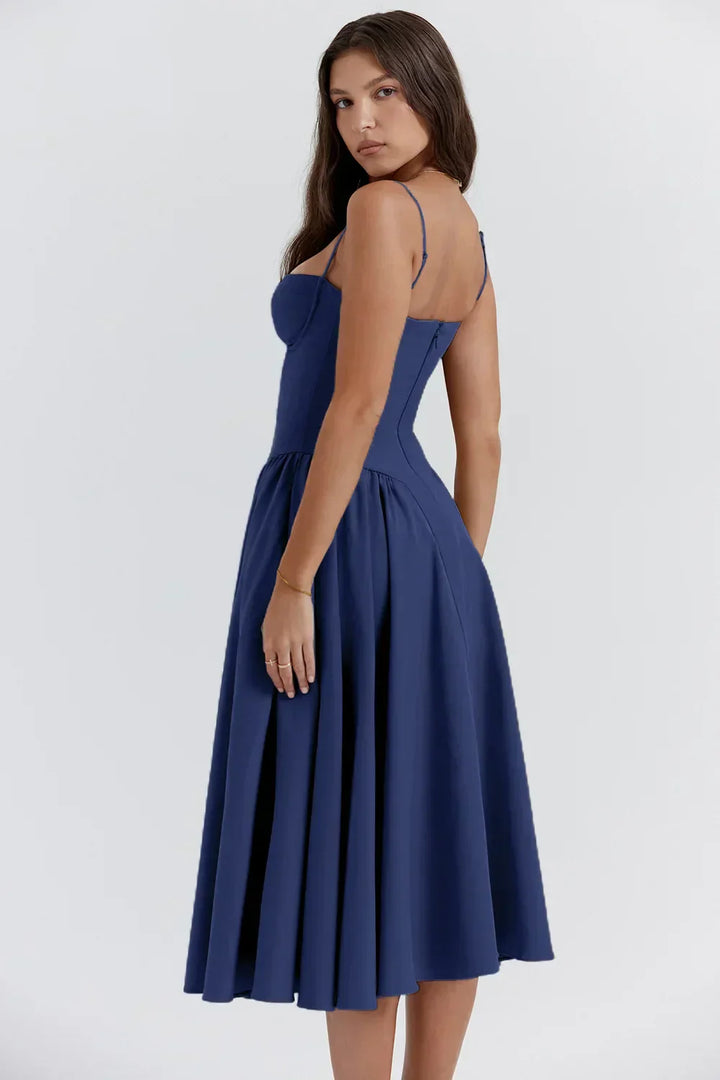 Women’s Bustier Midi Dress with Full Gathered Skirt