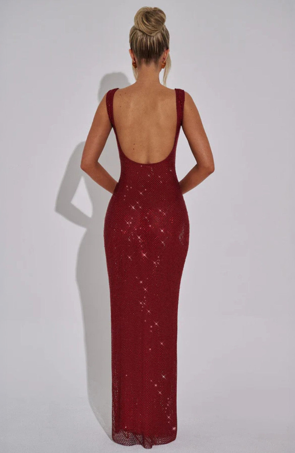 Women’s Square-Neck Embellished Maxi Dress with Open Back
