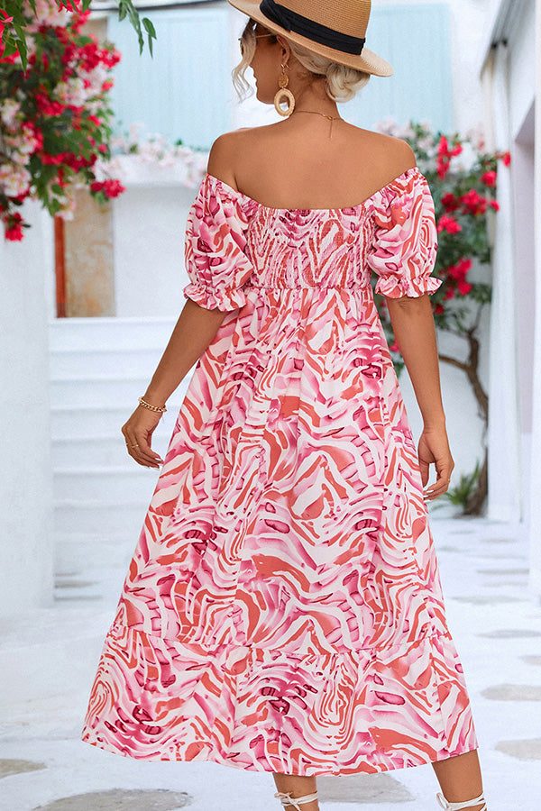 Women’s Off-Shoulder Smocked Midi Dress with Puff Sleeves