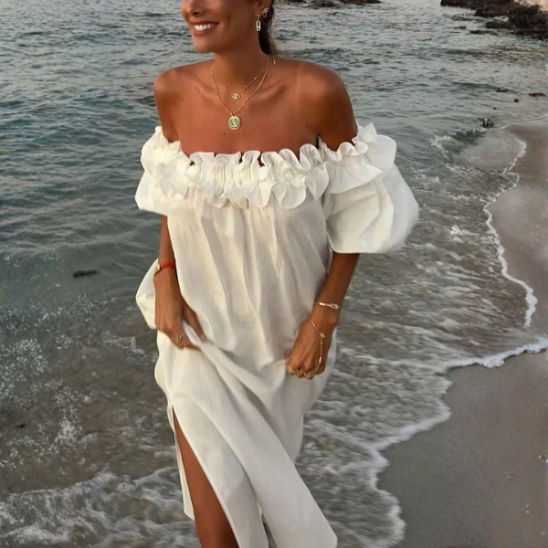 Women’s Off-Shoulder Ruffle Maxi Dress with Side Split