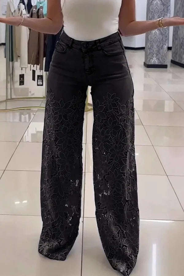 Women’s Floral Lace High Waist Pants with Wide-Leg
