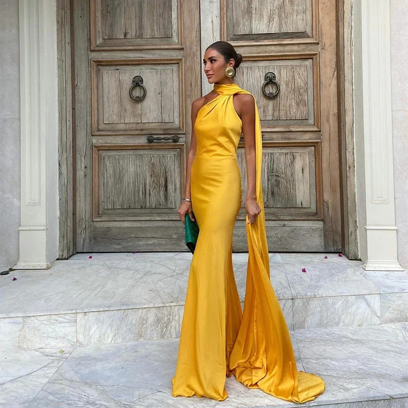 Women’s Satin One-Shoulder Cocktail Maxi Dress with Open Back