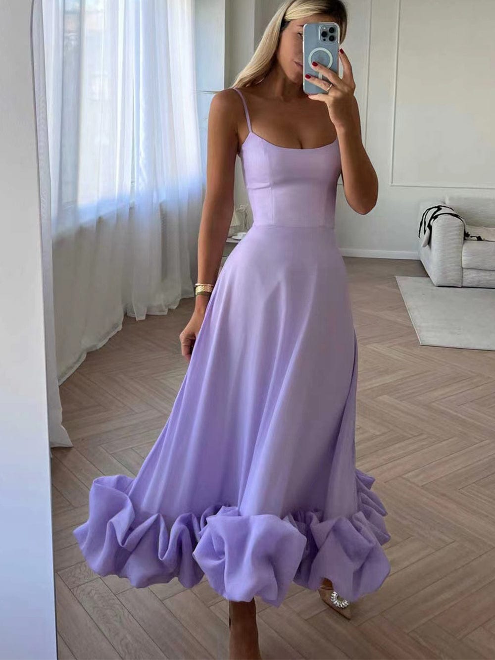 Women’s Ruffle-Hem Midi Dress with Thin Straps