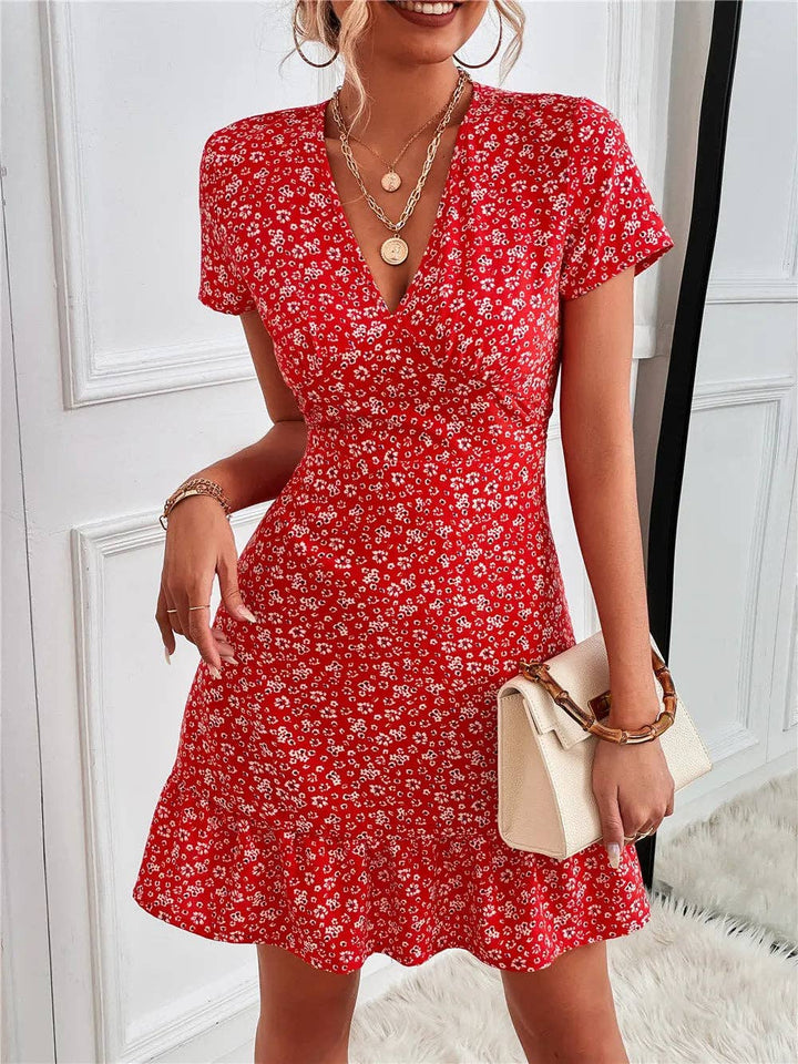 Women’s V-neck Floral Mini Dress with Puff Sleeves