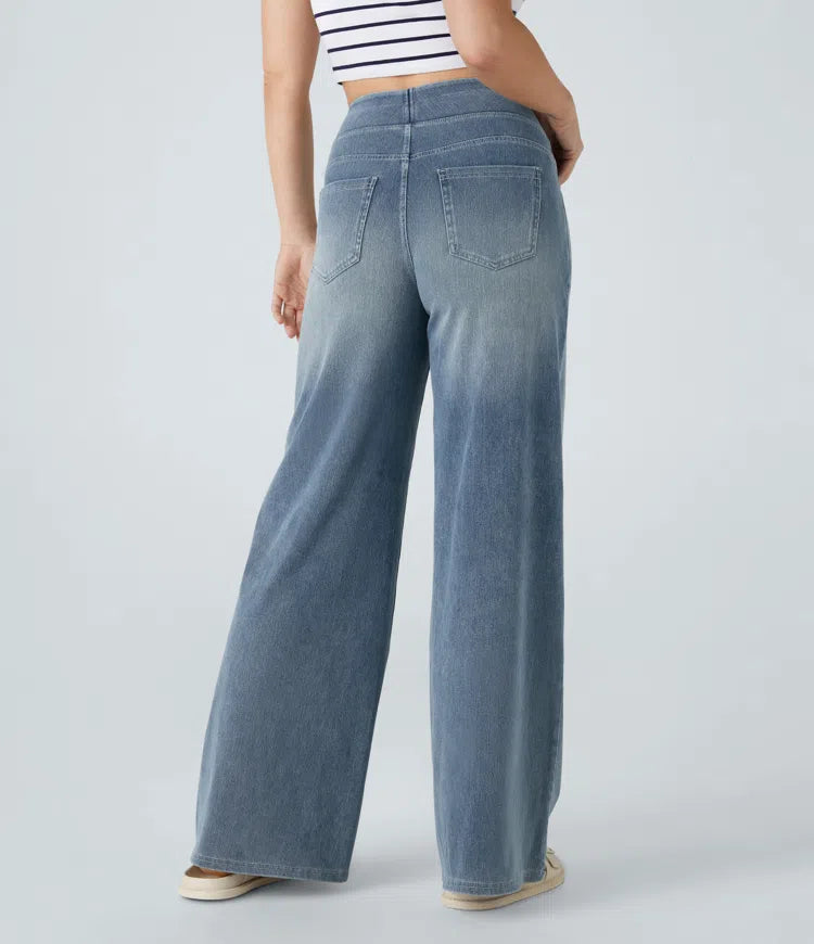 Women’s High Waist Denim Pants with Wide Legs and Waistband