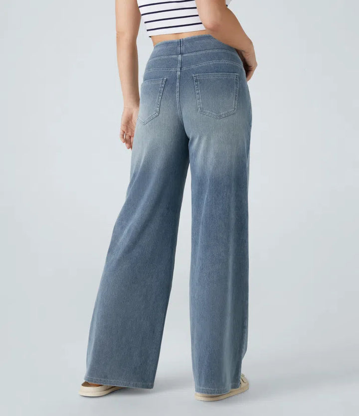 Women’s High Waist Denim Pants with Wide Legs and Waistband