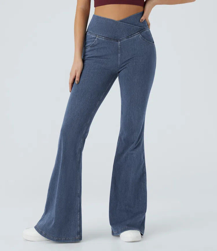 Women’s Flare Pants with High-Rise Crossover Waist and Pockets