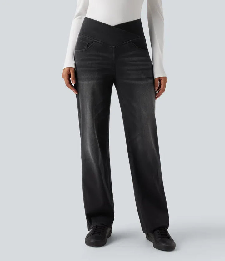 Women’s Crossover High Waisted Tummy Control Jeans with Straight Legs and Pockets