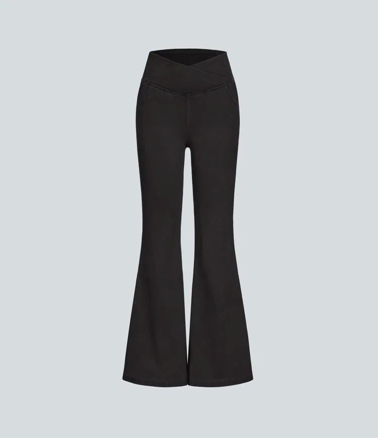 Women’s Flare Pants with High-Rise Crossover Waist and Pockets