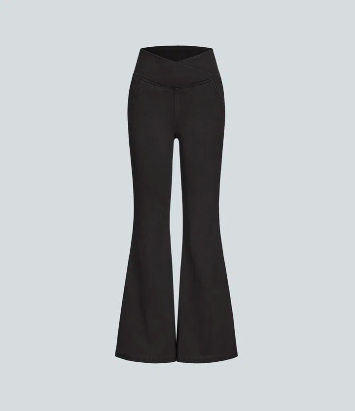 Women’s Flare Pants with High-Rise Crossover Waist and Pockets