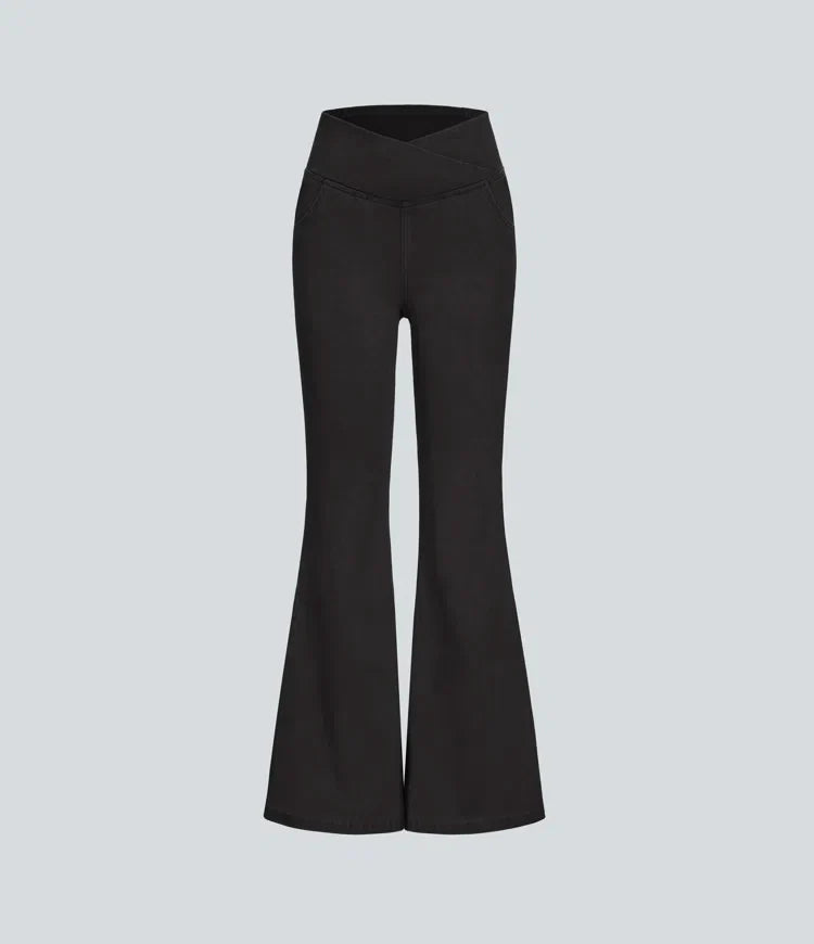 Women’s Flare Pants with High-Rise Crossover Waist and Pockets
