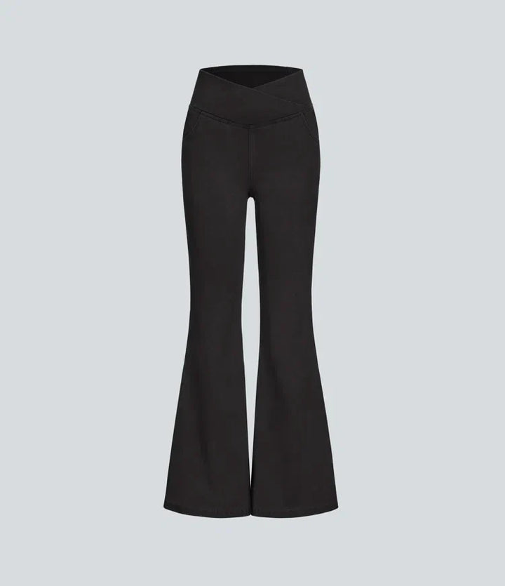 Women’s Flare Pants with High-Rise Crossover Waist and Pockets