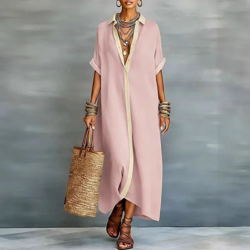 Sundress Collared Maxi Dress Resort Wear with Short Sleeve