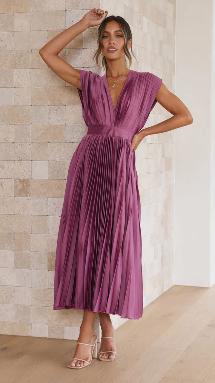 Women’s Midi Pleated V-Neck Sleeveless Dress