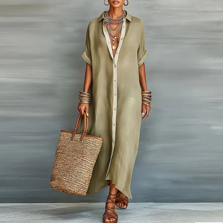 Sundress Collared Maxi Dress Resort Wear with Short Sleeve