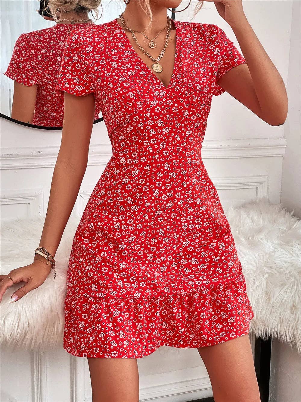 Women’s V-neck Floral Mini Dress with Puff Sleeves