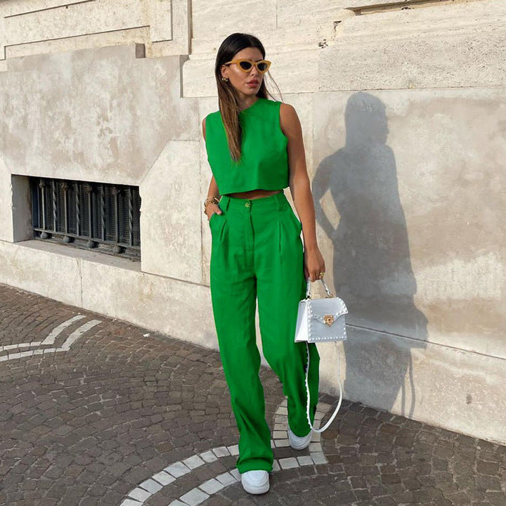 Women’s Cropped Top Two-Piece Set with Wide-Leg Trousers