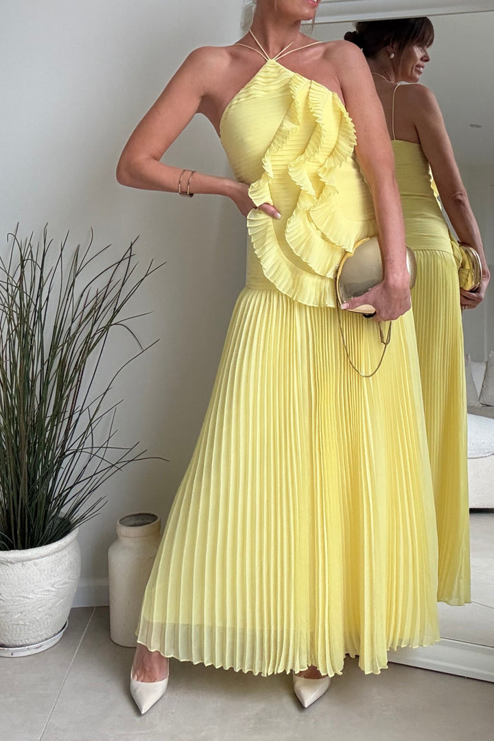 Women's Pleated Halter Neck Ruffle Maxi Dress