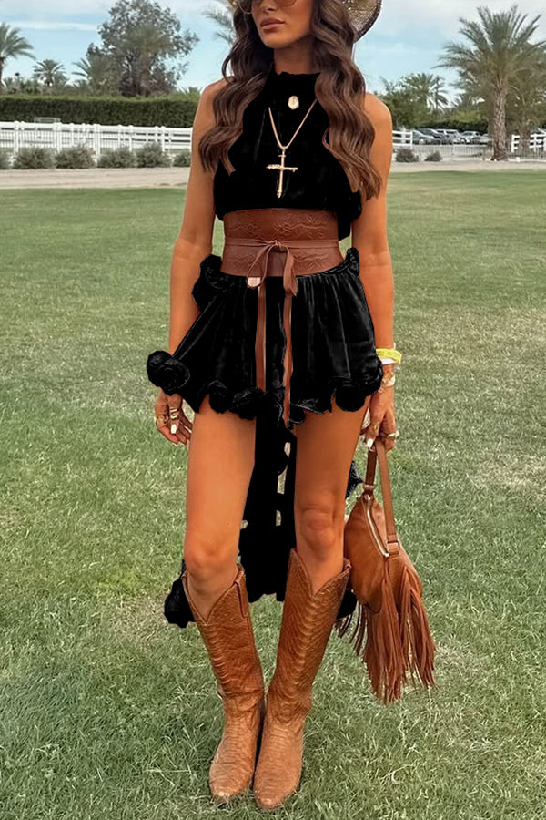 Women’s High Neck Top and Ruffle Mini Skirt Set