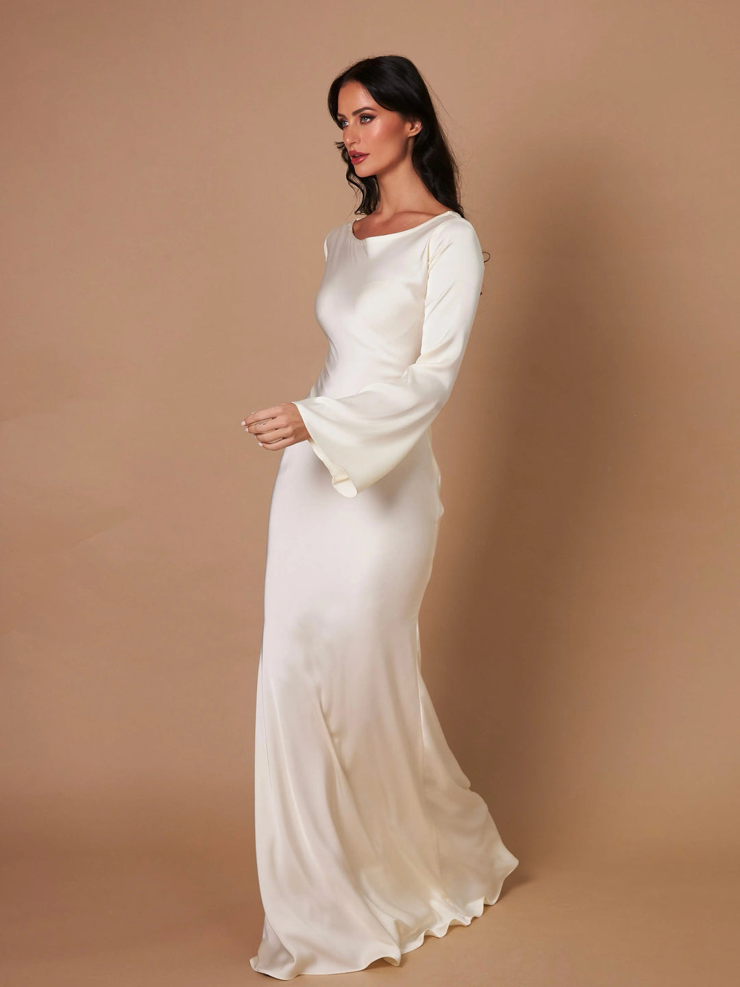 Women’s Satin Lace-Up Waist Maxi Dress with Long Fluted Sleeves
