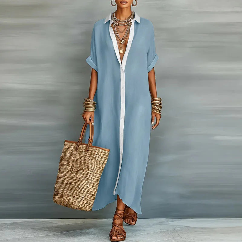 Sundress Collared Maxi Dress Resort Wear with Short Sleeve