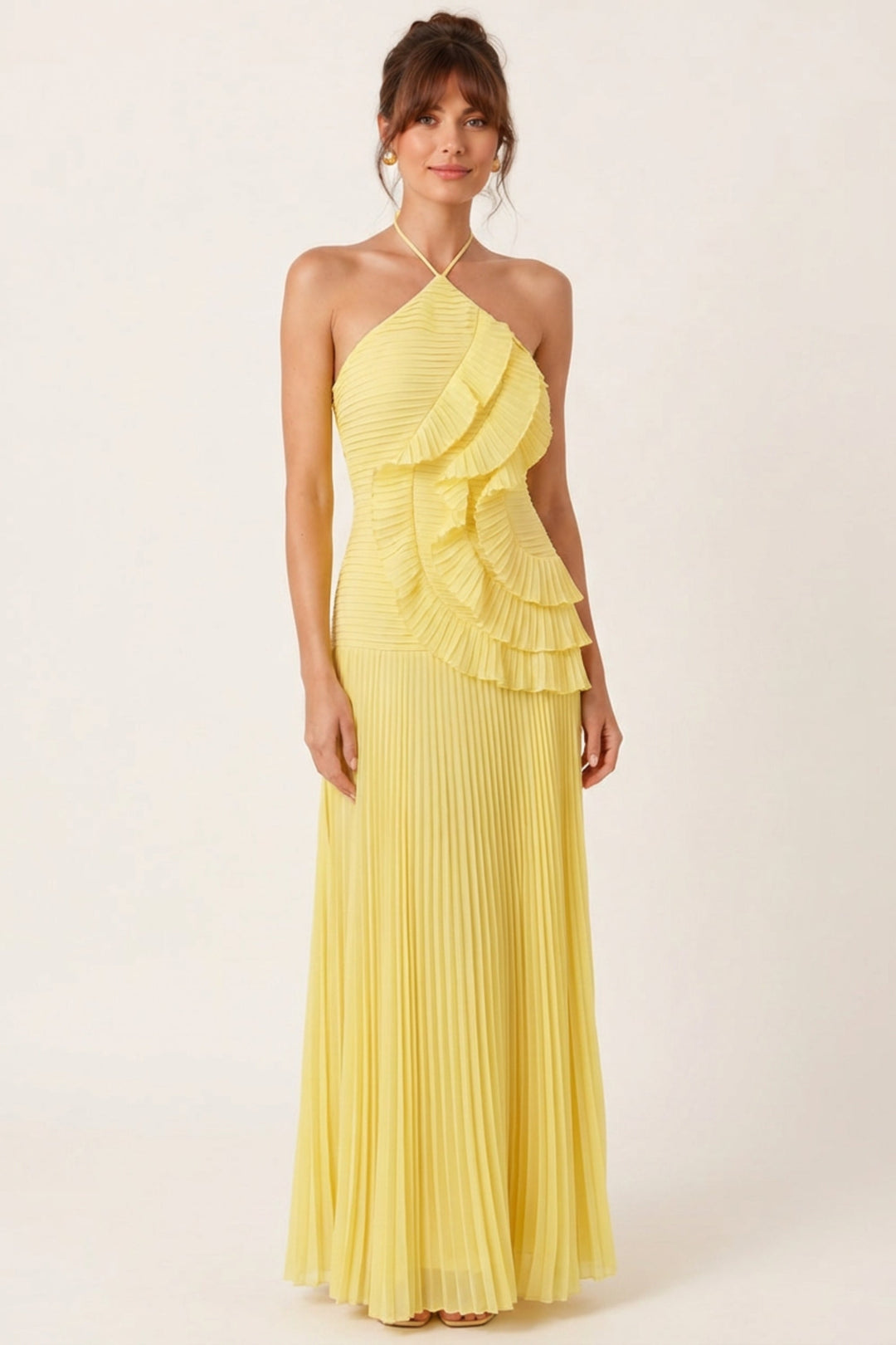 Women's Pleated Halter Neck Ruffle Maxi Dress