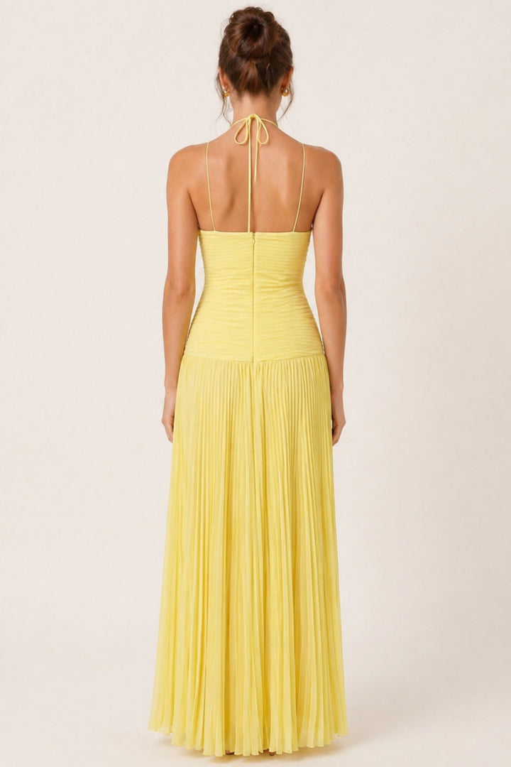 Women's Pleated Halter Neck Ruffle Maxi Dress