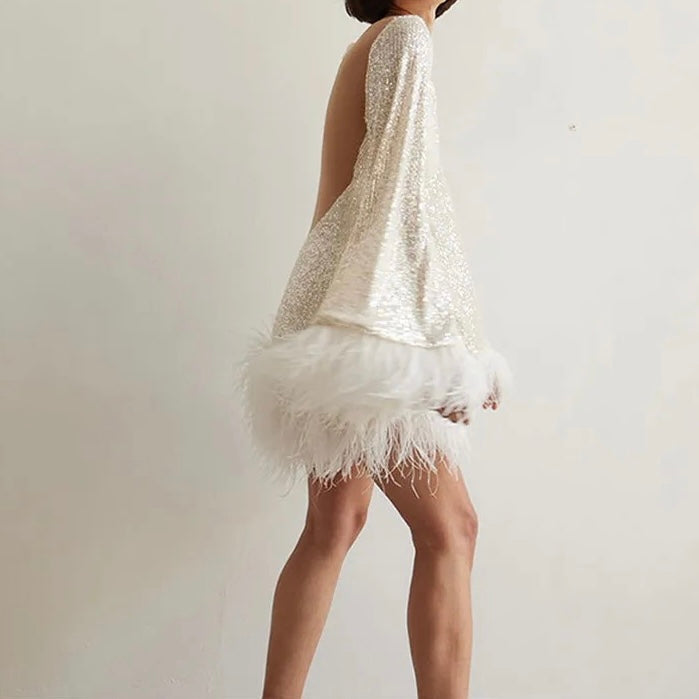 Women’s Long-Sleeve Sequin Cocktail Mini Dress with Feather Hem and Open Back