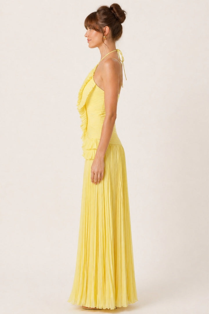 Women's Pleated Halter Neck Ruffle Maxi Dress