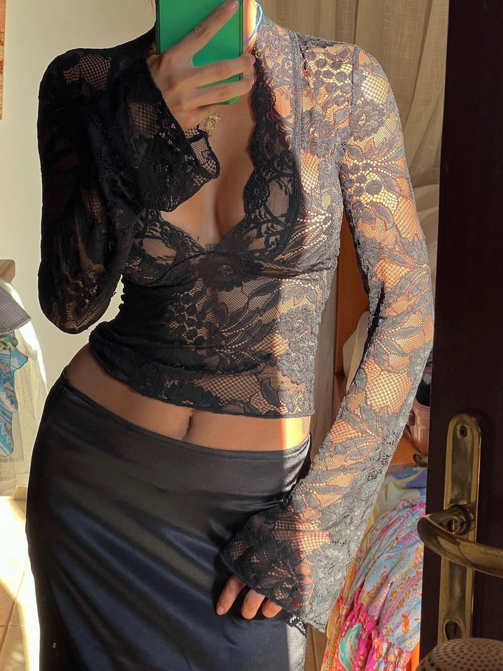 Women’s Lace V-Neck Top with Long Sleeves