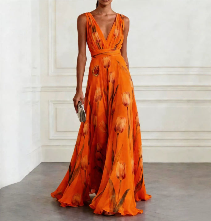 Women's Tulip Print Wrap V-Neck Sleeveless Maxi Dress