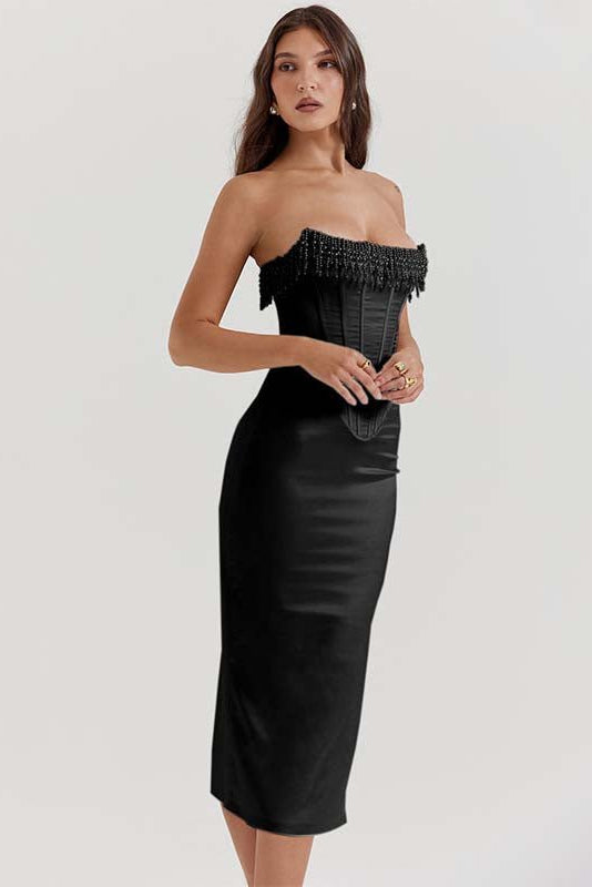 Women’s Strapless Corset Midi Dress with Embellished Edge